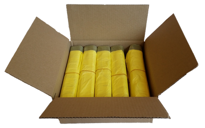 Abbildung eines offenen Pakets mit 10 Rollen gelben Säcken zur Veranschaulichung des Versandpakets.